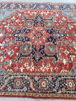 7’7 x 10’8 antique Persian Heriz with french bh bh  blue corners (#1141) - Blue Parakeet Rugs
