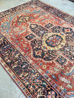 6’7 x 10’6 Antique Heriz with french blue corners (#1380) - Blue Parakeet Rugs