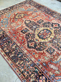 6’7 x 10’6 Antique Heriz with french blue corners (#1380) - Blue Parakeet Rugs