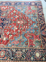 7’7 x 10’8 antique Persian Heriz with french bh bh  blue corners (#1141) - Blue Parakeet Rugs